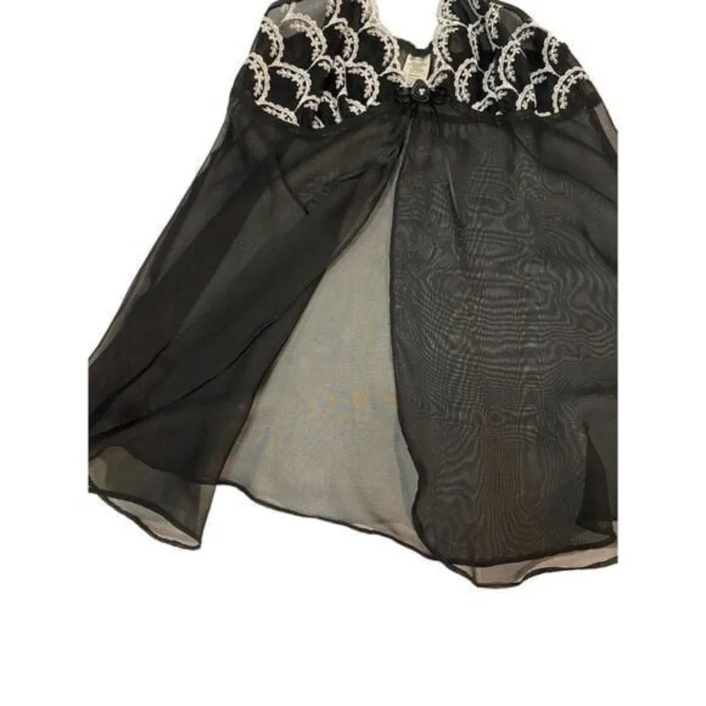 Black‎ Sheer Embroidered Bodice Open Front Teddy Slip Mini Dress Size Small